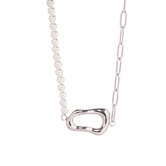 Silver Pearl Link Asymmetric Necklace